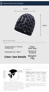 Size guide for men's winter knitted beanie showing dimensions and head circumference tips