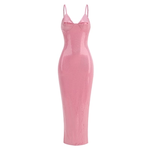 Elegant pink sequin maxi dress with spaghetti straps and a slim-fit slit design