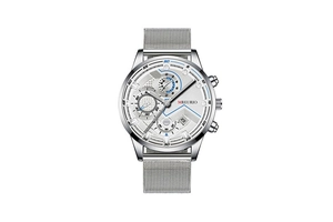 Macro shot of silver chronograph watch dial with blue needles and stainless steel mesh band