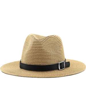 Summer Straw Fedora Sun Hat Breathable Wide Brim Panama Beach Hat With Leather Belt And Metal Buckle Retro Style Unisex