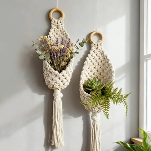 Handmade Macrame Wall Hanging Basket Cotton Rope Boho Tapestry Plant Holder Storage Pocket With Wood Ring Tassel Decor