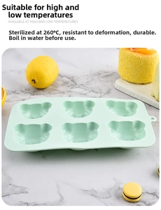 Detail of 6-cavity bear silicone mold showing 260°C heat resistance and durable material