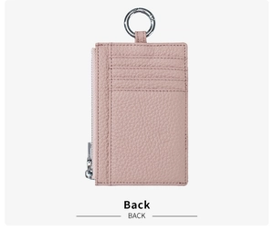 Pink lychee grain leather wallet back view with 6 card slots and a zipper pocket