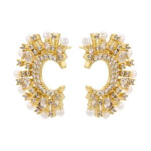 Elegant gold C-shaped earrings with white zircon stones and pearls in a radial design