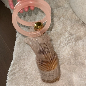 Handmade pink beaded wine bottle carrier bag with luxury crystal mesh and round handles