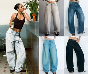 Collage of high-waisted wide-leg jeans in various vintage washes for women