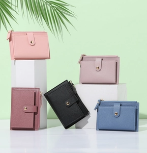 Slim PU leather wallets for women with zipper coin pockets and snap button closure