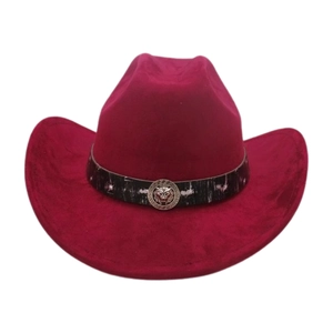 Detail of burgundy suede western cowboy hat featuring a silver lion head metal emblem