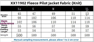 Tableau des tailles pour veste bomber et pantalon en velours avec mesures XS à XL