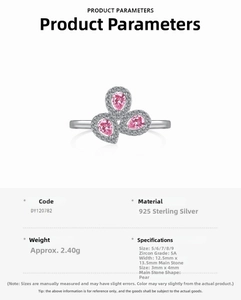 Macro detail of S925 sterling silver ring featuring three pear-cut pink zircon stones