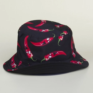 Black bucket hat with red cartoon chili print, stylish outdoor sun protection headwear