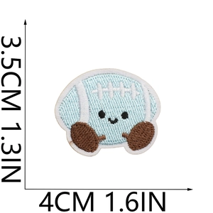 Detailed size chart showing a 3.5x4cm mini blue embroidered football patch on white background