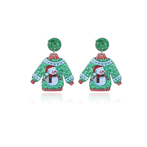 Close-up of acrylic Christmas sweater earrings with snowman motif and green glitter details