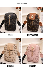 Four colors of small crossbody phone bags with letter prints and crown tassel charms
