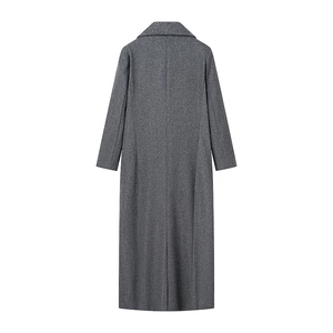 Back view of a long dark grey wool coat featuring a straight cut and clean center seam line