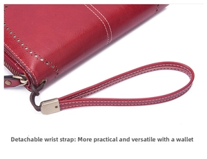 Red long leather wallet for women with detachable wrist strap, vintage style clutch.