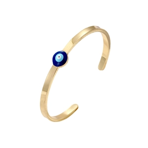 Minimalist gold evil eye cuff bracelet with polished finish and blue enamel eye detail