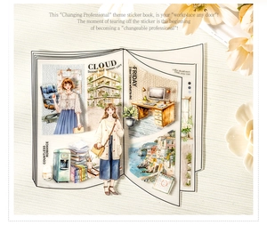 Macro shot of Changing Professional series sticker book with vintage office illustrations