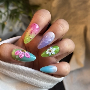 Candy gradient press-on nails with 3D water drops and floral almond shape art