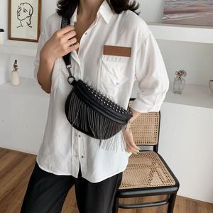 Fashionable black PU leather fringe chest bag with silver studs and adjustable wide strap