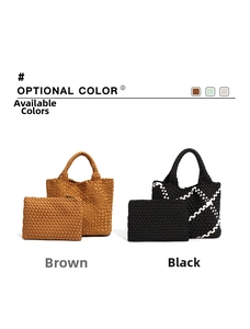 Detail showing woven tote bags in brown and black checkered patterns with small pouches