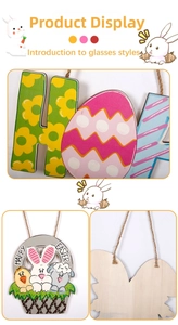 Detail of wooden Happy Easter signs with colorful bunny basket and egg shapes