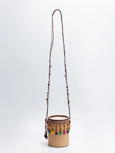 Borsa A Secchiello In Paglia Intrecciata A Mano Per Donna Stile Etnico Bohemien Con Perline In Legno Colorate Coulisse Spiaggia