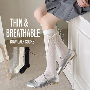 Calf Socks Women Cotton Ribbed Knit Ribbon Bow Breathable Balletcore JK Style Slouch Socks Solid Color Ins Fashion