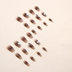 Dark brown gradient coffin press-on nails with 3D camellia flowers and silver butterfly charms