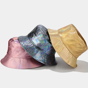 Metallic PU bucket hats in holographic pink, silver and gold finish with wide brims