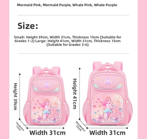Detailed size comparison chart for girls dream mermaid school backpack in small and large
