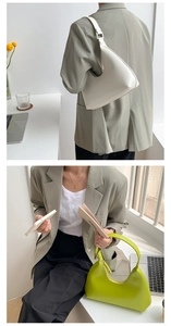 Minimalist white and lime green PU leather shoulder bags shown in lifestyle scenes