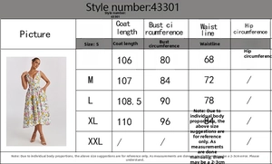 Detailed size chart for the floral V-neck sleeveless dress with measurements in S to XL