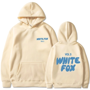Detailed front and back view of beige hoodie featuring blue White Fox Vol 3 print