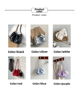 Detail view of colorful bow-knot pleated crossbody bags with elegant metal chain straps
