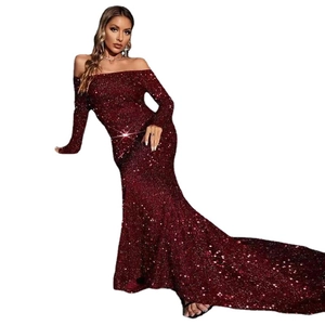 Elegant wine red sequin off-shoulder mermaid evening gown with long sleeves and floor-length train