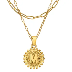 Double Layer Necklace 18K Gold Plated Stainless Steel Round Hammered Initial Letter Pendant Fashion Jewelry For Women