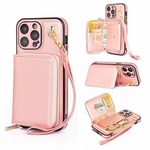 Pink leather iPhone 15 Pro Max wallet case with zipper pocket and wrist strap