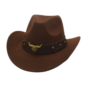Detail eines dunkelbraunen Cowboyhutes mit Lederband und goldenem Stierschädel-Dekor