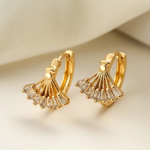 Gold plated fan-shaped hoop earrings with clear baguette-cut zircons for women