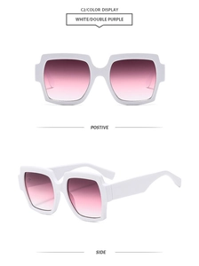 White square frame sunglasses with gradient purple lenses, front and side view display