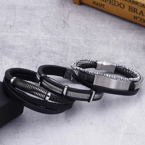 Men Braided Leather Bracelet With Stainless Steel Magnetic Clasp Multi-layer Geometric Punk Fashion Trendy Jewelry