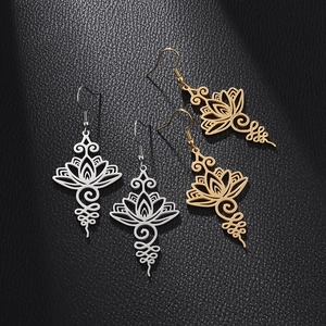 Elegant hollow lotus mandala drop earrings in gold and silver stainless steel finish