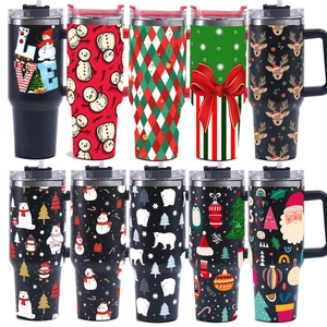 Christmas Insulated Tumbler With Handle Lid And Straw Stainless Steel Reusable Travel Coffee Mug Festive Pattern