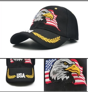 Detail of embroidered American flag, eagle and USA text on a black cotton baseball cap