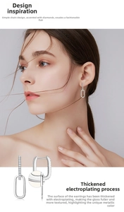 Detail of silver dual-loop drop earrings with sparkling cubic zirconia and thick plating