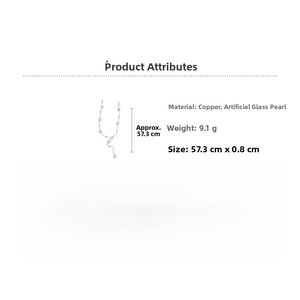 Detail view of the pearl necklace showing length 57.3cm and width 0.8cm on white background