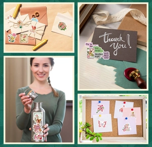 Pink vintage aesthetic stickers applied on envelope, card, water bottle and cork board