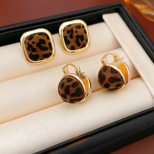 Detailed view of leopard print square and round earrings in a jewelry box