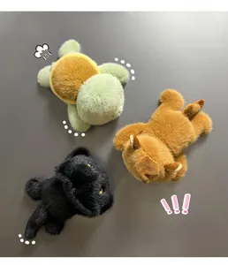 Plush animal fridge magnet set featuring a soft turtle, bear and cat in high quality faux fur